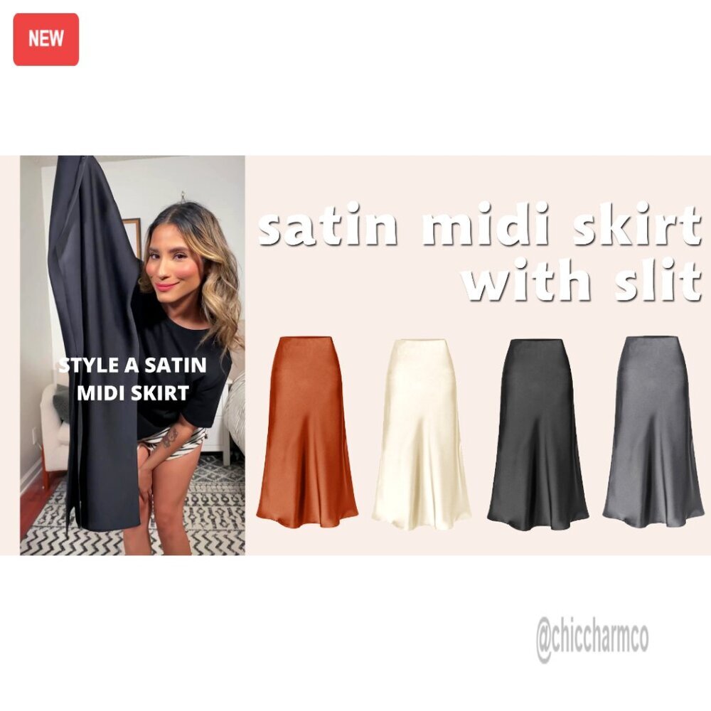 Satin Silk Midi Skirt High Waist Side Slit Elastic Waistband Flowy - Picture 7 of 7